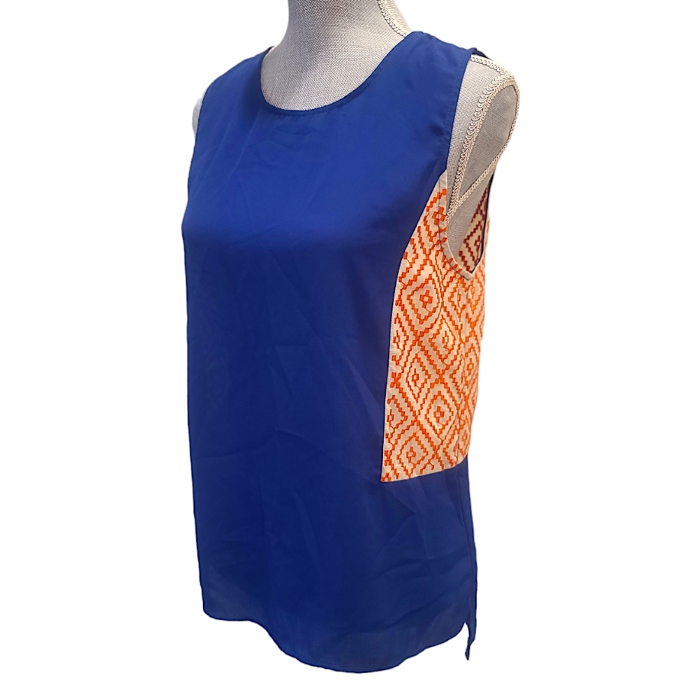 THML Royal Blue with Orange Embroidery High Low Blouse Top Size Medium